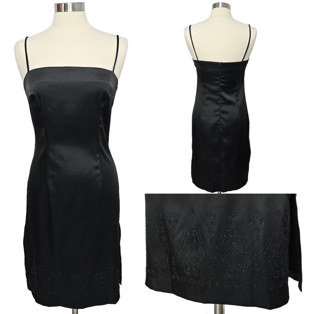 Vintage Y2K Rampage Black Beaded Satin Slip Dress 9 Sleeveless Prom Goth Fairy
